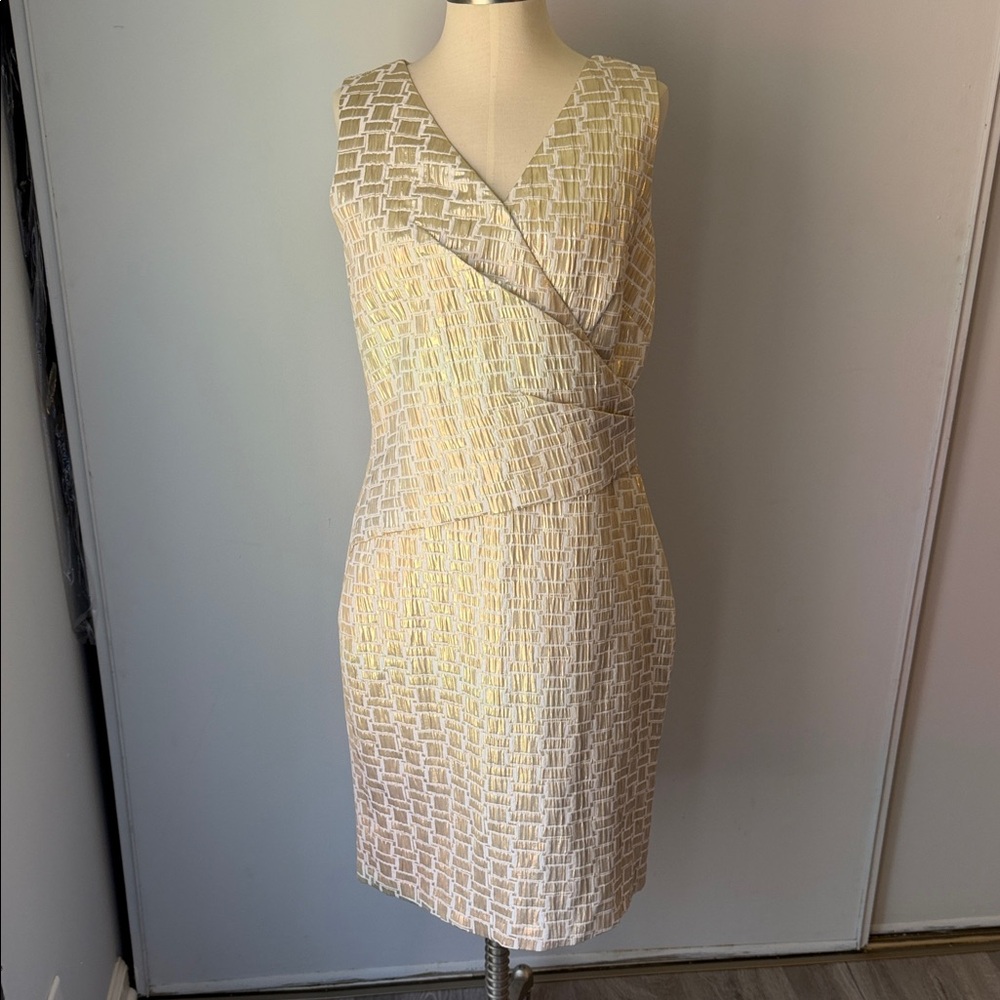 Sleeveless Wrap-Style Cream and Gold Textured Sheath Dress
